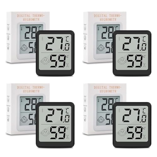 Wepai Lot Thermometre Interieur Maison, LCD Mini Digital Thermomètre avec Hygromètre, Mesure de Précision Murale pour Chambre Bébé, Culture et Cave, Noir,Lot de 4