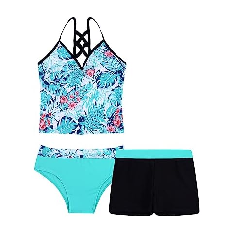 inlzdz Girls 3Pcs Green Palm Tankini Set Cover