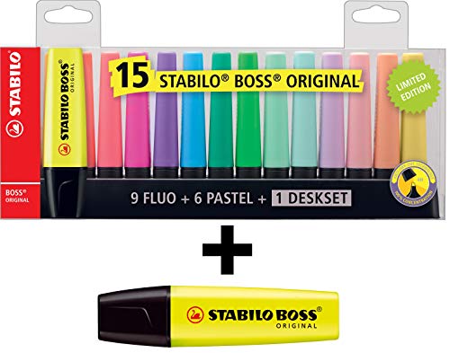 Stabilo Textmarker Boss Original - 15er Tischset - 9 Leuchtfarben, 6 Pastellfarben (15 + 1 Tischset) Cover