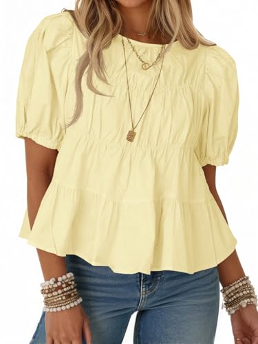 Image of Tankaneo Womens Puff Sleeve Peplum Babydoll Tops Summer Flowy Pleated Cotton T-Shirts Casual Loose Fit Cute Blouse