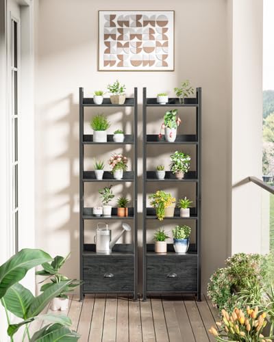 Image of Furologee 6 Tier Bookshelf, Tall Shelf with Drawer, Wood and Metal Bookshelves Storage Organizer, Industrial Display Shelving Unit for Bedroom, Living Room, Home Office, Black Oak