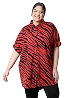 oxolloxo Women Plus Size Red Animal Print Collar Style Butto Detail Short Sleeve Baggy Style Top