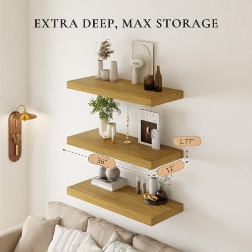 Image of 36 inch Extra Deep Floating Shelves, Set of 3, Natural Wood | 36 inchL x 12 inchD x 1.8 inchH, Set of 3, Solid Paulownia Wood, Natural Finish, Hidden Brackets, Hardware Included