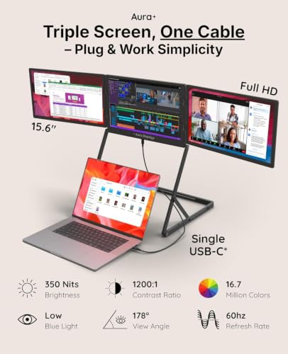 Image of | Triple Aero Pro Max 15.6 inch | Portable Monitor Extender | Full Aluminum | Quad Screens | 3x15.6 inch FHD 1080P HDR IPS | USB-C & HDMI | Compatible 11-18 inch Laptops Windows MacOS