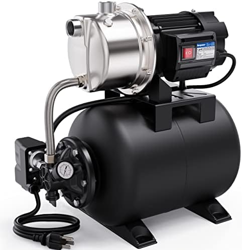 Acquaer 1.6HP Shallow Well Pump with Pressure Tank, Stainless Steel, 1320GPH 115V Irrigation Pump, Automatic Water Booster Jet Pump for Home, Garden, Lawn