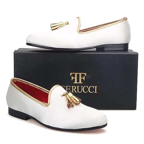 FERUCCI Handmade White Men Velvet Slippers Loafers with Gold Tassel3