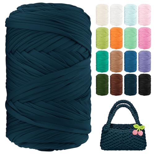 Image of T Shirt Yarn 130 Yards Beginner Crochet Tshirt Yarn 400g Elastic Fabric Thick T-Shirt Yarns for Crocheting, Knitting Bags, Baskets, Rugs, Coasters, DIY Crafts, Home Decor (Peacock Blue)