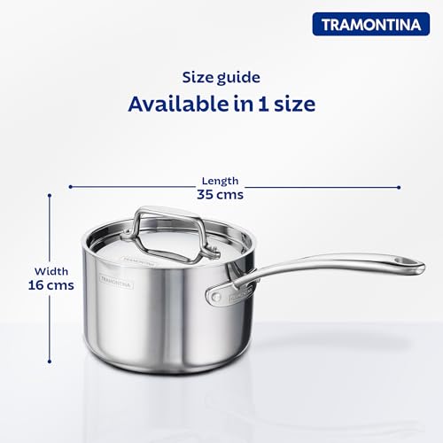Image of TRAMONTINA Fusao Healthy Triply Ceramic 16cm / 2.1L Sauce Pan EX+ with SS 304 lid | Non Toxic (PFAS /PTFE /PFOA Free) Milk Pan | Stay Cool Handle I 10 Year Warranty | Polished, 2.1 Liter, Silver