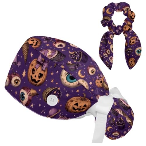 Image of Butterfly Scrub Cap Women with Ponytail & Buttons Adjustable Surgical Nurse Hat with Cotton Sweatband for Long Hair
