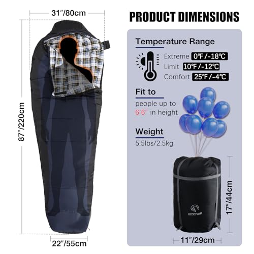 REDCAMP Cold Weather Mummy Sleeping Bag, 0 Degree Warm Flannel Cotton Sleeping Bag for Adults, Warm and Machine Washable Perfect for Winter Camping, Navy Blue with 4lbs Filling