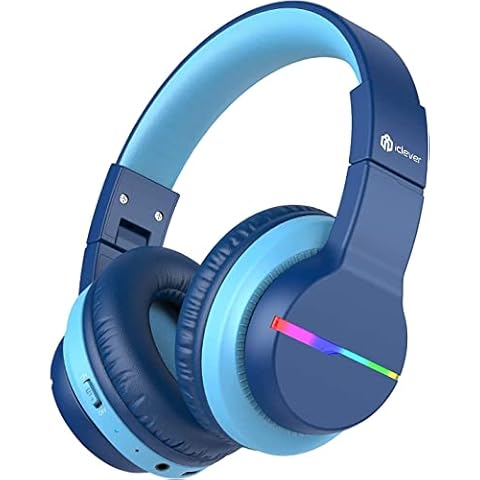 iClever BTH12 Kids Bluetooth Headphones,Colorful LED Lights Wireless Kids Headphones,74/85dBA Safe Volume,85H Playtime,Bluetooth 5.2,Over Ear Headphones Built-in Mic for iPad/Tablet/Airplane,Blue Cover