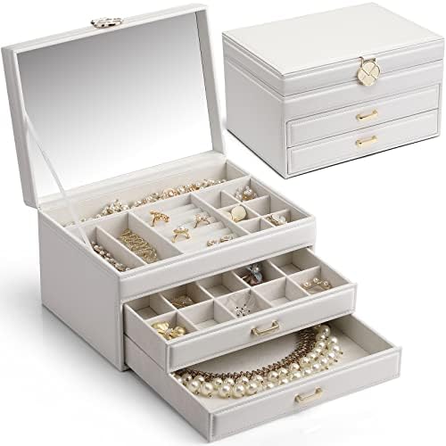 Vlando Jewellery Organiser Box with Large Mirror and Luxury Metal Fitting, 3 Layers Jewelry Storage Case for Rings Bracelets Earrings Necklaces,Gift for Women Girls Christmas New Year Gift (Grey)