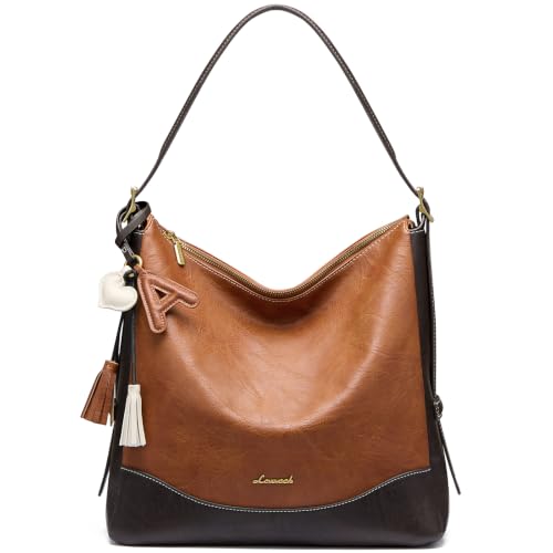 LOVEVOOK Hobo Bags for Women with Initial Charm, Soft Women's Crossbody Handbags Purses Slouchy Shoulder Bag with Large Cup Holder, Reddish Brown