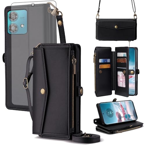 Étui portefeuille Motorola Edge 40 Neo en cuir PU noir avec motif fleur