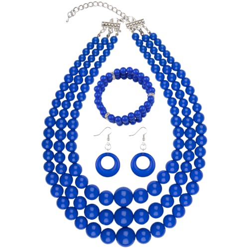 Miss U Hair Women's Chunky Large Statement Beads Necklace Earrings Stacked Bracelets Oversized Jewelry Set Halloween Party Outfit (Royal Blue)