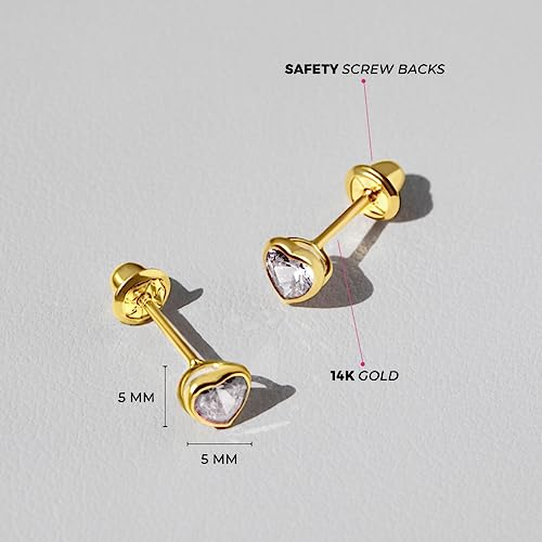 14K Yellow Gold 4Mm Clear Bezel Set Heart Cubic Zirconia Screw Back Earrings For Baby Girls & Toddlers - Lovely Little Small Hearts Studs For Little Girls - Safety Screw Back Locking For Children #TOP3