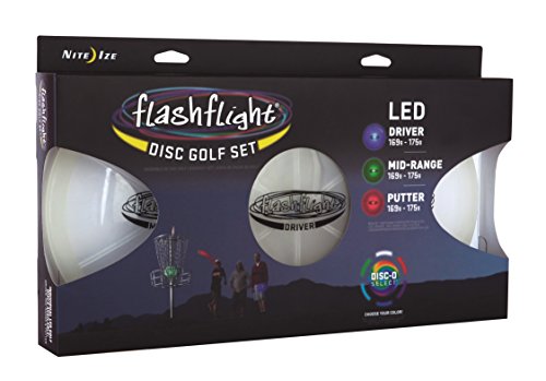 Nite Ize Flashflight LED Disc Golf Discs, Light Up The Dark for Night Play, Pro-Designed 3 Pack, Driver, Mid-Range, + Putter with Disc-O Select Choose-Your-Color LED