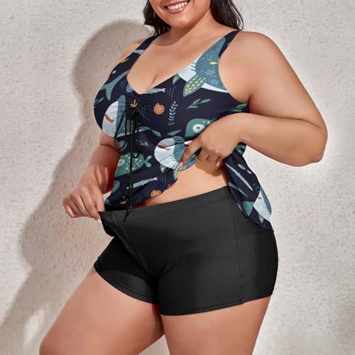 Cute Shark Women's Plus Size Swimsuits with Shorts Tankini Bathing Suits2
