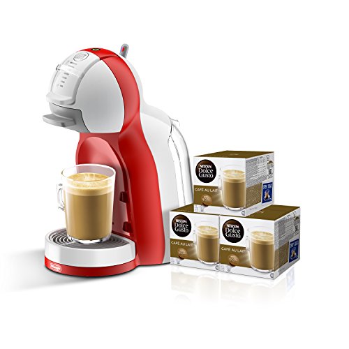 Pack De'Longhi Dolce Gusto Mini Me EDG305.WR - Cafetera de cápsulas, 15 bares de presión, color blanco y rojo + 3 packs de café Dolce Gusto Con Leche