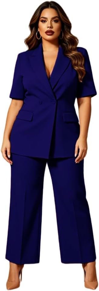 Womens 2 Piece Blazer Suit Set Short Sleeve Pants Outfits for Business Office Dressy Casual Wedding Guest