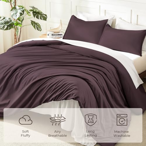 Image of Litanika Queen Comforter Set Plum, 3 Pieces Lightweight Fluffy Solid Bedding Comforter Set, Down Alternative Comforter All Season Bed Set Gift Choice