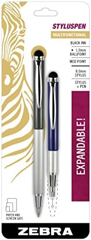 Zebra Pen StylusPen Telescopic Ballpoint Pen, Medium Point, 1.0mm, Black Ink, Grey and Navy Barrels, 2-Count