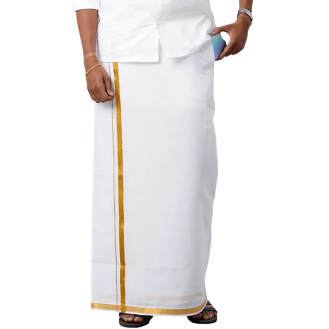 Adjustable White Cotton Dhoti with Gold Jari Border - Velcro Fit (28 to 44 Inches) For Mens-image-16