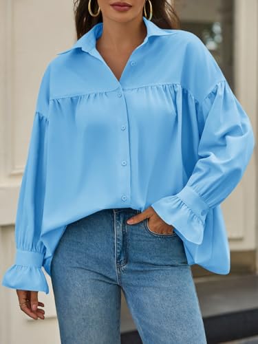 Cicy Bell Womens Oversized Button Down Shirts Long Ruffle Sleeve Pleated Babydoll Blouses Trendy Casual Tops Sky Blue — view 5