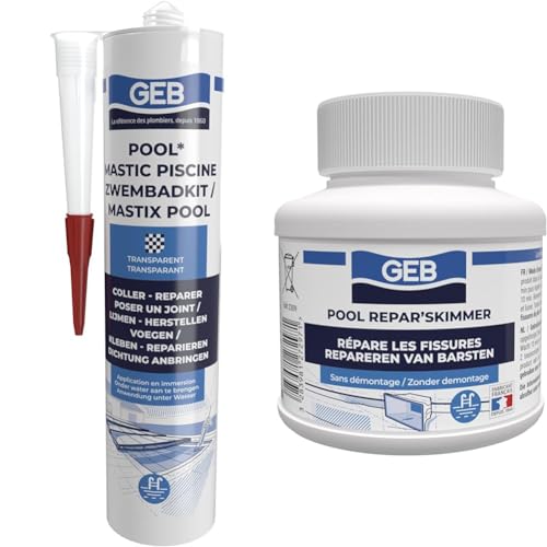 GEB Mastic étanche spécial piscine Transparent 290 ml pour coller, jointoyer et réparer & Réparation skimmer de piscine, buse de refoulement, bonde de fond et toutes pièces en ABS