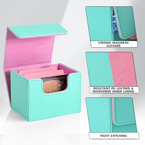 Image of ZLCA Card Deck Box for Trading Cards, MTG Commander Deck Box Holds 120+ Single Sleeved Cards, Leather Magnetic Card Storage Case Fits for TCG CCG (Turquois& Pink)