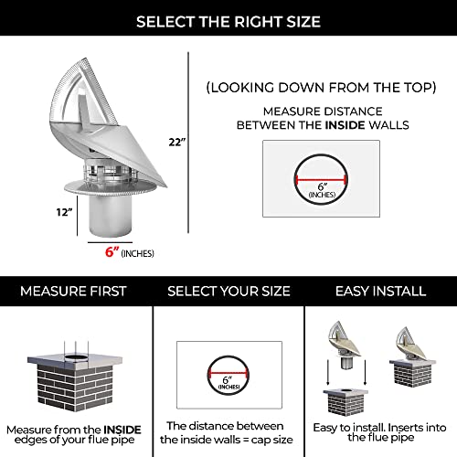 Chimcare Wind Directional Chimney Cap, Round Non Air Cooled 6" Inch Stainless Steel Cap, Windproof, Usa Made #TOP2