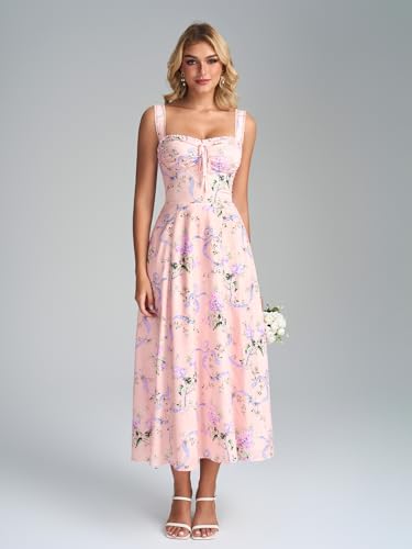 Image of KUTUMAI Floral Corset Midi Dresses for Women 2026 Lace Up Flowy Summer Wedding Guest Dress with Pockets
