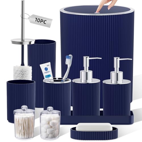 Navy Blue Bathroom Accessories Set, 10PC Bathroom Set, Bath Accessory with Pop Up Trash Can, Soap Dispenser, Toilet Brush, Toothbrush Set Qtip Holders & Tray