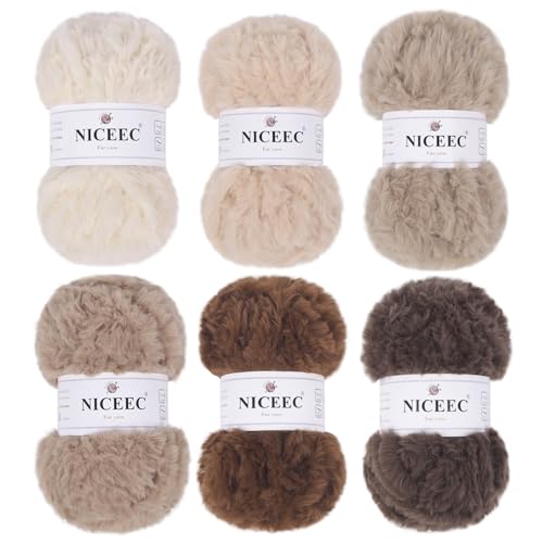 Image of NICEEC Faux Fur Yarn Super Soft, Chunky & Fluffy, Eyelash Yarn for Crochet & Knitting(Total Length 210yds /10.6oz) - Brown Series /300g