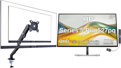 Image of HP Series 5 Pro 527pq 27 inch QHD IPS Monitor with 5ms Response Time | 4-way adjustability, Anti-Glare, Flicker Free, VESA Mount 100mm, Displayport, HDMI, Silver /Black w /DKZ Hub & Single Mount Arm