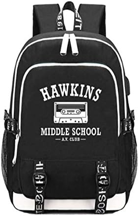 jupkem Hawkins Middle School AV Club College USB Charging Backpack Laptop Bag Travel Bookbag Daypack (balck)