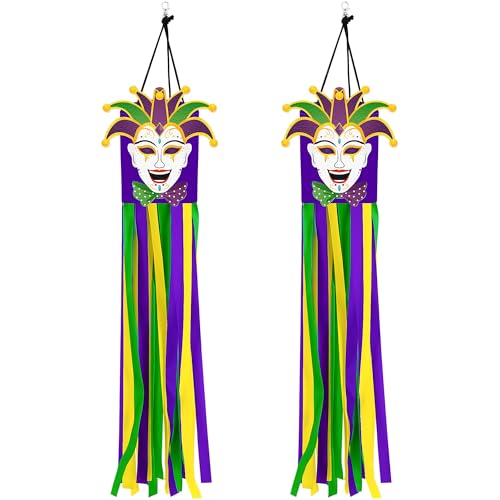 Geefuun 2PCS Mardi Gras Decor Windsocks Hanging Floating Face Wind Socks for Yard Garden Porch Patio Outdoor Decorations