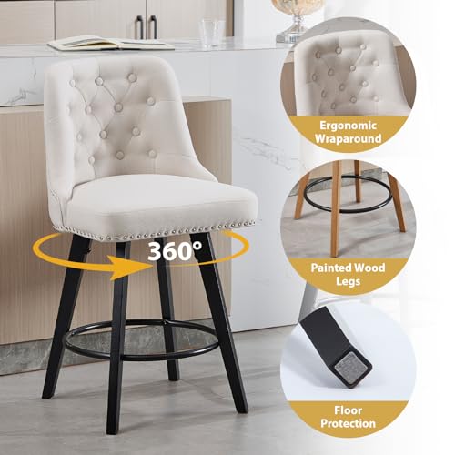 Butacos giratorios de barra, set de 4 unidades, con respaldo acolchado y tapizado en lino, altura para barra (25''), diseño moderno para isla de cocina o bar en casa, color beige miniatura 3