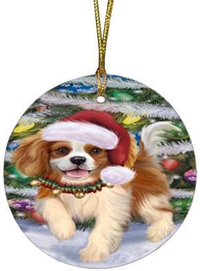 Express Delivery Red Truck Running Cavalier King Charles Spaniel Dogs Round Flat Ornament - Pet Decorative Hanging Ornaments for Christmas X-mas Tree Decorations - 2.75" Round Christmas Ornament