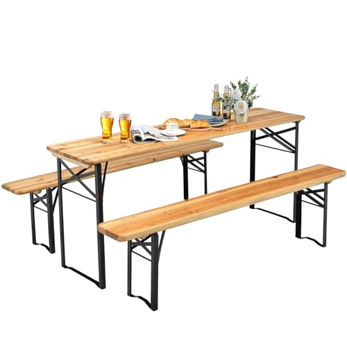 NAFORT 6FT Picnic Table Set, 3-Piece Folding Beer Table & Bench, Portable Wooden Picnic Tables for Outdoors Dining Table Set w/Metal Frame for Patio Garden