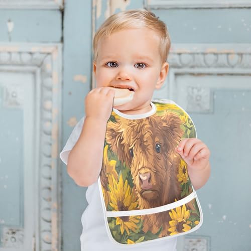 MCHIVER Yellow Sunflowers Cow Baby Bibs for Boys Girls Toddlers Waterproof Feeding Bib Apron with Food Cather Adjustable Cotton Food Eating Bib 2 Pack4
