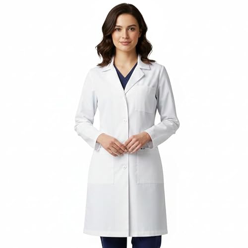 B-well Bwell Bianca Laborkittel Damen – Weiß Kittel – Arztkittel Damen, Weißer Mantel für Labor, Medizin und Studium, 3 Taschen mit Knöpfen (M)