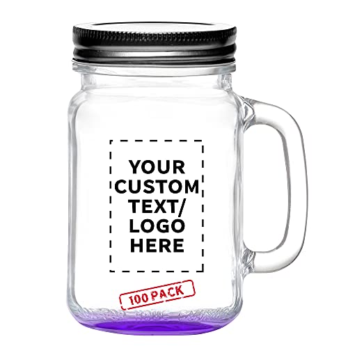 DISCOUNT PROMOS 100 Handle Mason Jars with Lids Set, 16 oz. - Personalized Text, Logo - Traditional style, Drinking, Glassware - Purple