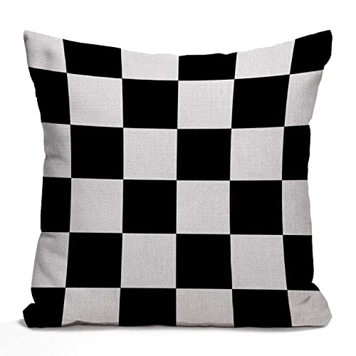 Tomda Black and White Art Design Checkered Rustic Farmhouse Style Decorative Cushion Case Throw Pillow Cover for Sofa Couch Housewarming Gift Home Decor Cotton Linen 45x45cm 18x18 Inch
