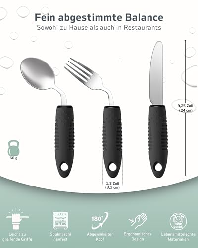CuraVita Adaptives Besteckset (3-teilig) – 42° gewinkelt, 85 g gewichtetes Besteck bei Parkinson, Handzittern und Arthritis – ergonomische Esshilfen mit rutschfestem Griff (Rechtshänder)