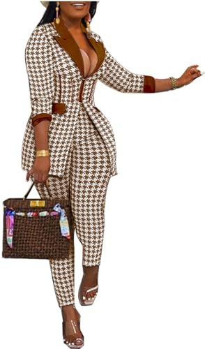Recious Womens Sexy 2 Pieces Houndstooth Printed Blazer Jackets Bodycon Pants Party Clubwear Tracksuit Outfits Suit Set