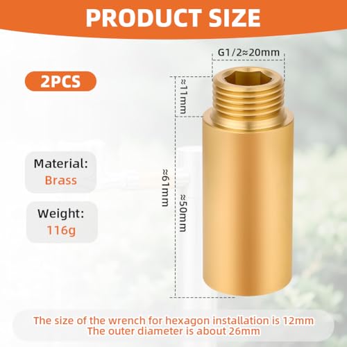 Flintronic Hahnverlängerung 1/2 Zoll x 50 mm, Messing Innengewinde und Außengewinde verlängert, 1/2 IG x 1/2 AG, 1/2 zoll verlängerung für Haus & Garten Trinkwasser und Heizung Installation