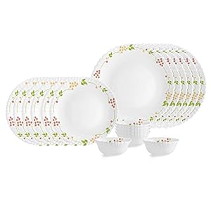 Cello Opalware Dazzle Series Secret Garden Dinner Set, 18Pcs | Opal Glass Dinner Set for 6 | Light-Weight, Daily Use Crockery Set for Dining | White Plate and Bowl Set