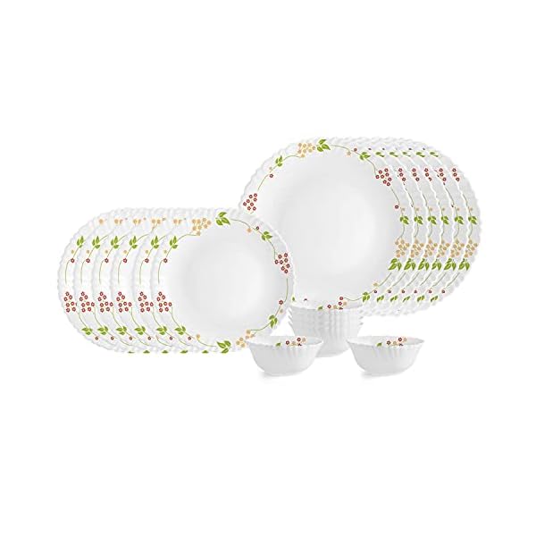 Cello Opalware Dazzle Series Secret Garden Dinner Set, 18Pcs | Opal Glass Dinner Set for 6 | Light-Weight, Daily Use Crockery Set for Dining | White Plate and Bowl Set