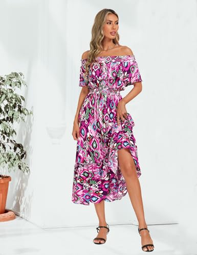 Image of Prettywear Women's 2025 Spring Summer Boho Off Shoulder Midi Dress Floral Short Sleeve A Line Casual Beach Vacation Dresses